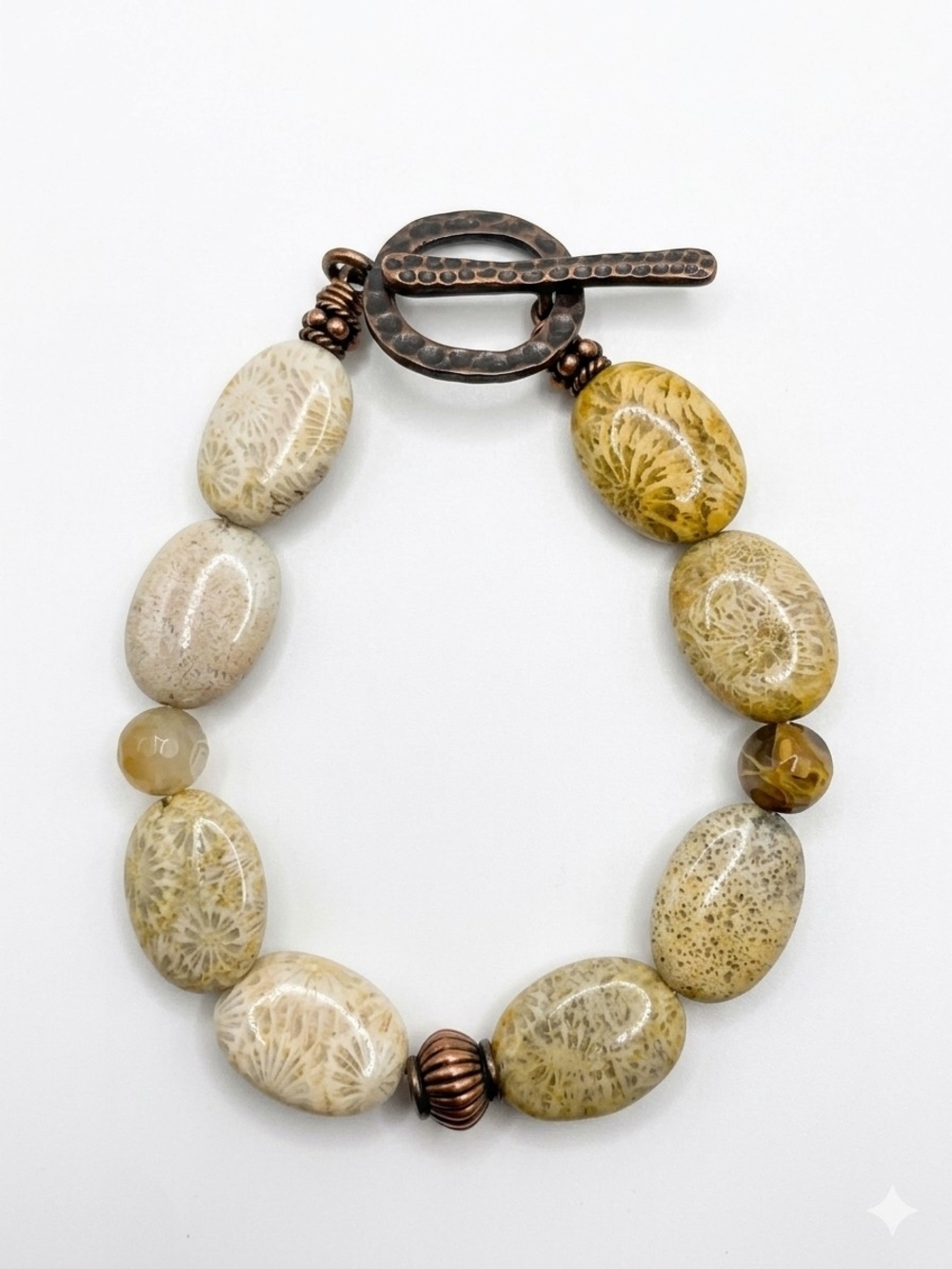 Handmade Fossil Coral Stonr Beige and Gold Beaded Bracelet